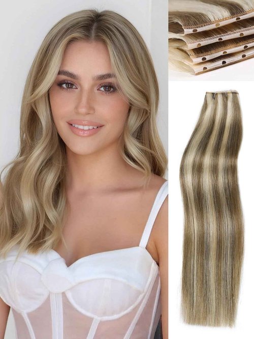 WIGNEE 100% Remy Double Weft Invisible PU OVO Human Hair Extensions 14 Inch Micro Beads Real Human Hair Extensions Blonde Ombre Wefts Hair Extensions Real Human Hair(9A/60)