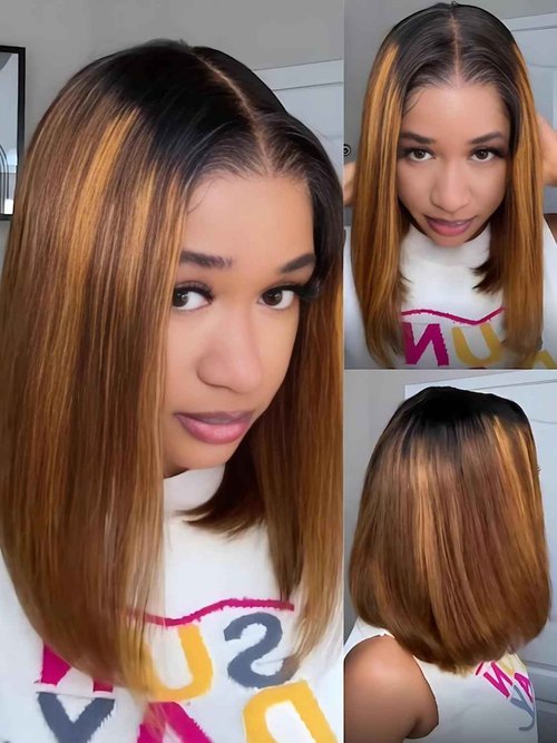 Julia Hair 12 Inch Brown Piano Highlight Blunt Bob Wig With Dark Roots Put on and Go Silky Straight Bob Wigs 7x5 HD Bye Bye Knots Lace Invisible Knots Short Wig Pre Plucked Pre Cut Natural Looking