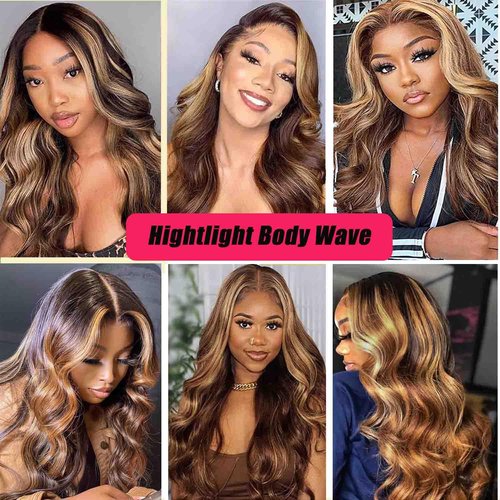 Body Wave Highlight Lace Front Wigs 14a 13x6 hd t Lace Front Wigs Human Hair Pre Plucked 4/27 Colored 180% Density HD Honey Blond Wigs for Black Women Ombre 13x6x1 Transparent Body Wave Wig ( 24 Inch)