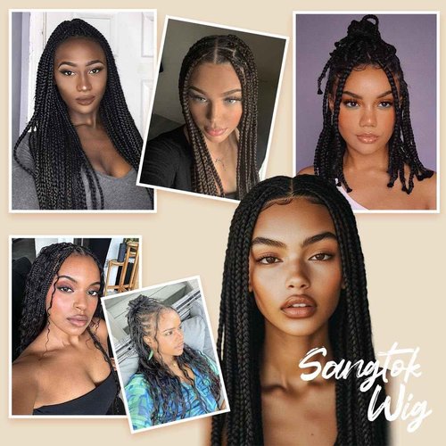 Sangtok 36 inch Knotless Boho Box Braid Wigs, 360 Single Full Lace Braided Curly Wigs for Black Women, Synthetic Black Braided Lace Wig