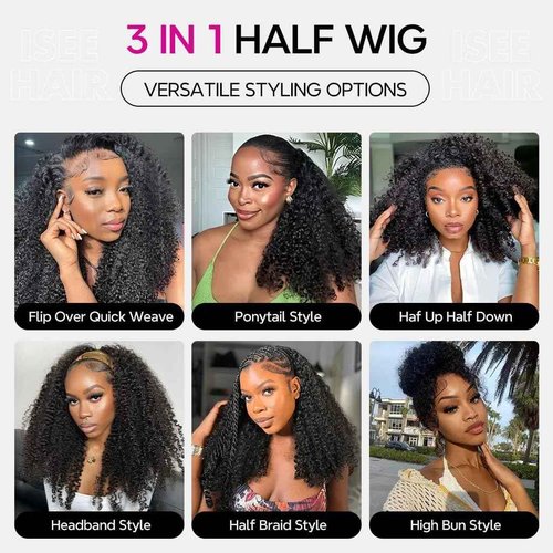 ISEE Half Wig Afro Curly 3 In 1 Glueless Wigs Human Hair Seamless Kinky Curly Flip Over Beginner Friendly Wear & Go Drawstring Band Clip in Wig Human Hair Black Color 14 Inch