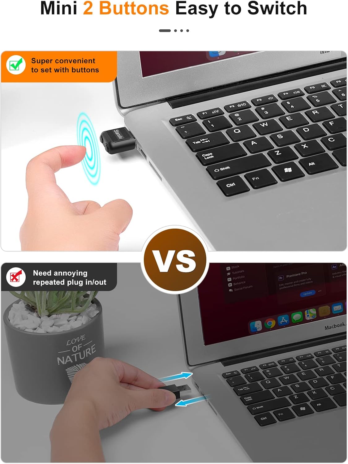 2 Buttons Improved Tiny Mouse Jiggler Undetectable, 2 Buttons of On/Off Switch and 3 Cursor Movement, USB-C Adapter Protective Cap Mouse Mover Device Automatic Mouse Wiggler Shaker Giggler