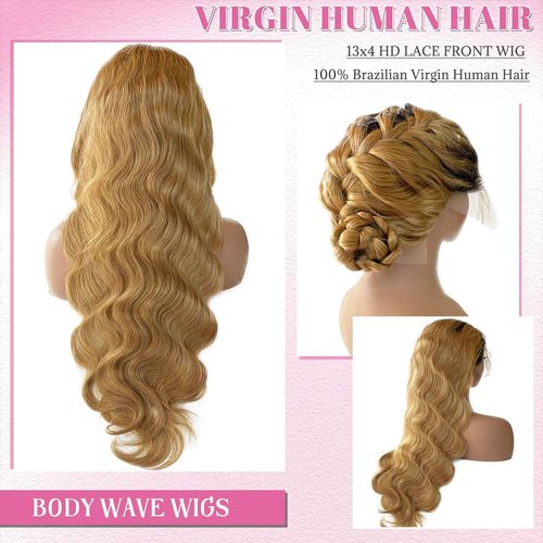 Body Wave Lace Front Wigs Human Hair Curly Wave Ombre 1B27 HD Lace Frontal Real Human Hair Wig for Black Women 13x4 Wavy Natural Black to Honey Blonde Glueless Wigs with Dark Roots Free Part 22 Inch