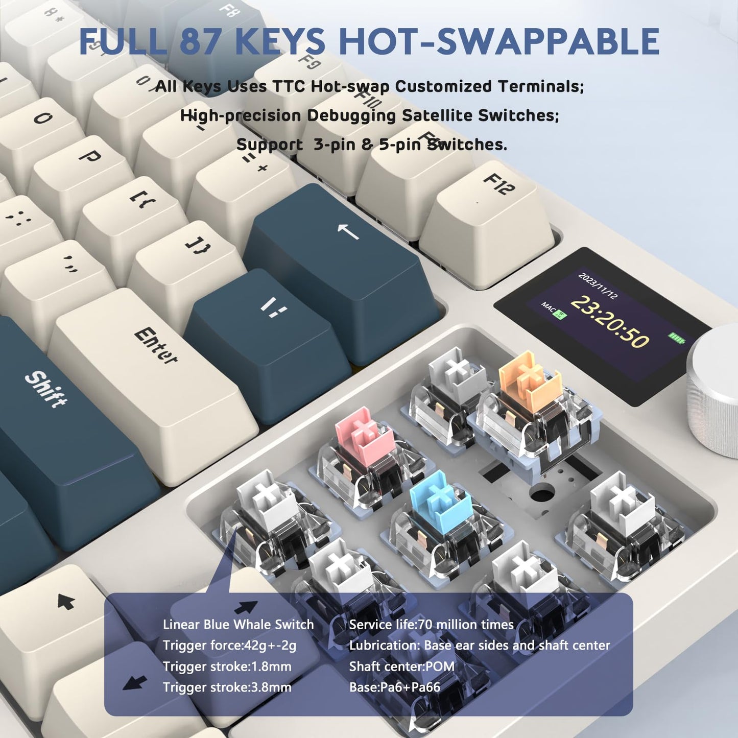 RK86 RGB 75% Wireless Gasket Mechanical Keyboard,Triple Mode Bluetooth5.0/2.4G/USB-C 82 Keys Hot Swappable Gaming Keyboard 4000 mAH Battery w/Knob & 1.2'' HD OLED Display,Custom Linear Switches