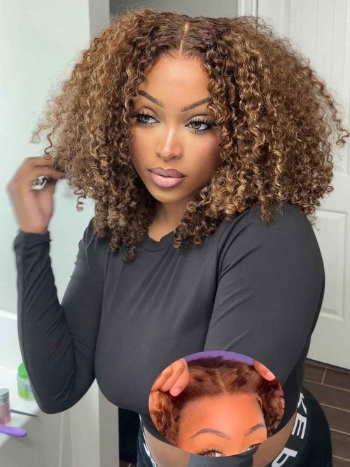 Highlight Blonde Wear and Go Glueless Wigs Human Hair Pre Plucked Pre Cut, 5x7 OQ Hair Glueless Wigs 4/27 Water Wave Short Curly Bob Wig Human Hair for Women 4/27 Color 16Inch