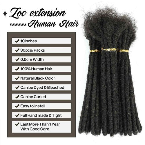 6-18 Inch Dreadlock Extensions Human Hair Fully Handmade Human Hair Dreadlock Extensions for Man/Women Locs Extensions Human Hair Can Be Dyed Bleached Curled… (0.6CM Width-1B, 10Inch-30Strands)