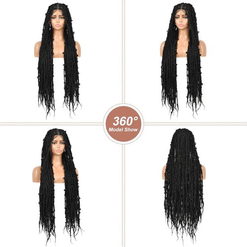 Lexqui 36" Knotless Box Braided Wigs for Women Butterfly Lace Braided Wigs Embroidery Full Double Lace Front Braided Wig with Baby Hair Synthetic Lace Frontal Braiding Hair Wigs Black