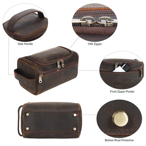 TIDING Mens Leather Hanging Toiletry Bag Travel Shaving Kit Portable Makeup Cosmetic Organizer Wash Case