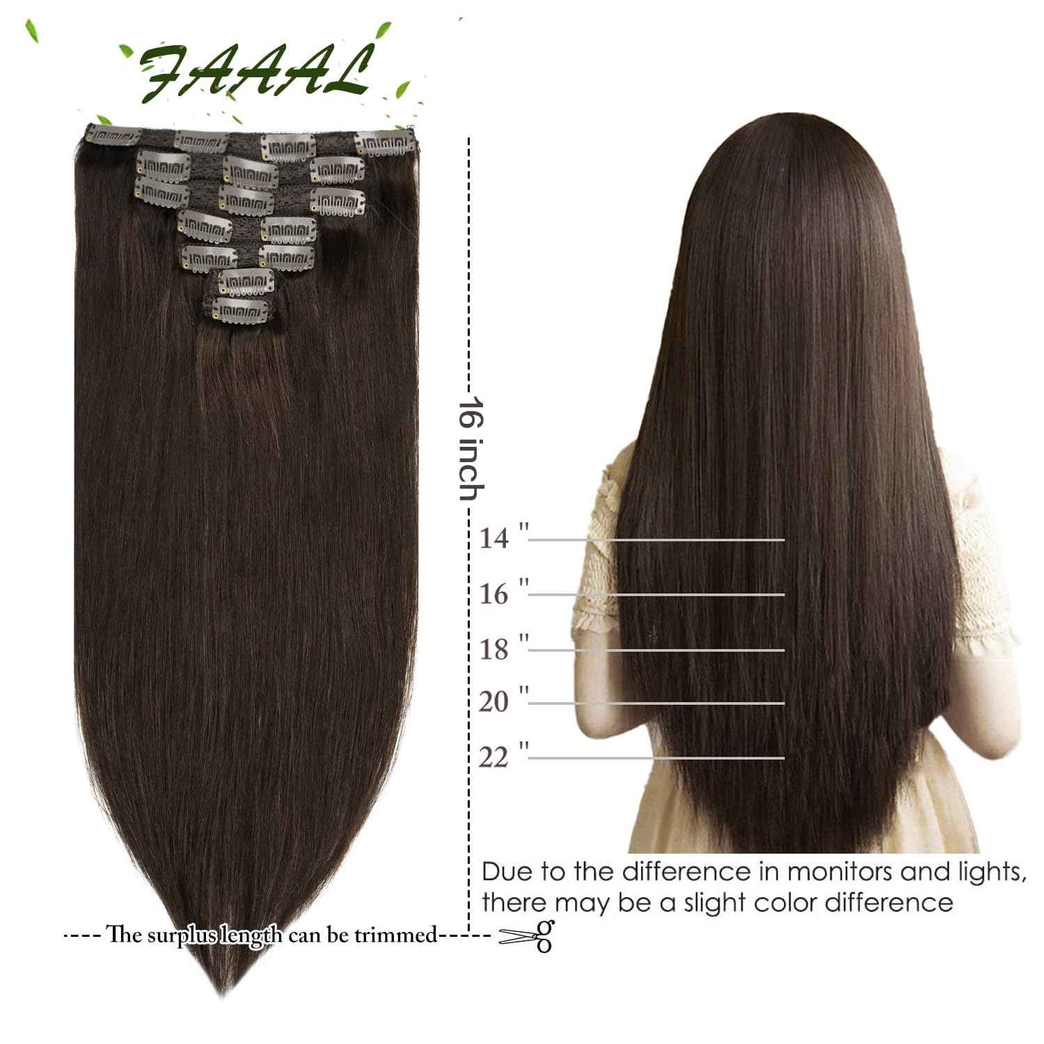 16 Inch Clip in Hair Extensions Real Human Hair 130g 7 Pieces 16 Clips #2 Dark Brown Hair Extensions Double Weft Human Hair Clip in Extension for Women