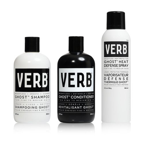 VERB Ghost Shampoo & Conditioner Duo Set, 12 fl oz + VERB Ghost Heat Defense Spray, 5.5 oz – Weightless Heat Protection + Shine – for Fine to Medium Hair