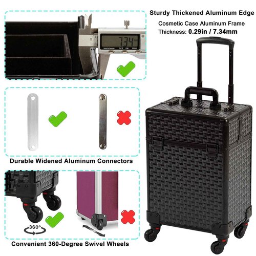 AROUS Rolling Makeup Train Case, Large Storage Cosmetic Trolley 4 Tray with 360° Swivel Wheels Keys, Large Storage Traveling Cart Trunk, Cosmetic Train Cases for Nail Technicians Hairstylist, Black