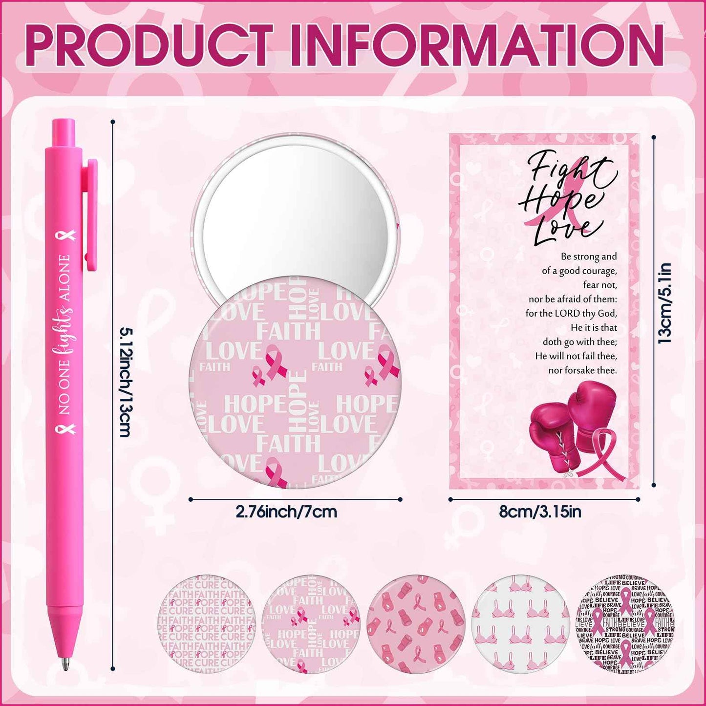 Pinkunn 100 Sets Breast Cancer Awareness Accessories Bulk Breast Cancer Gift for Women Compact Mirrors with Pink Ribbon Boxing Glove Design, Ballpoint Pens, Motivational Cards Charity Party Favors