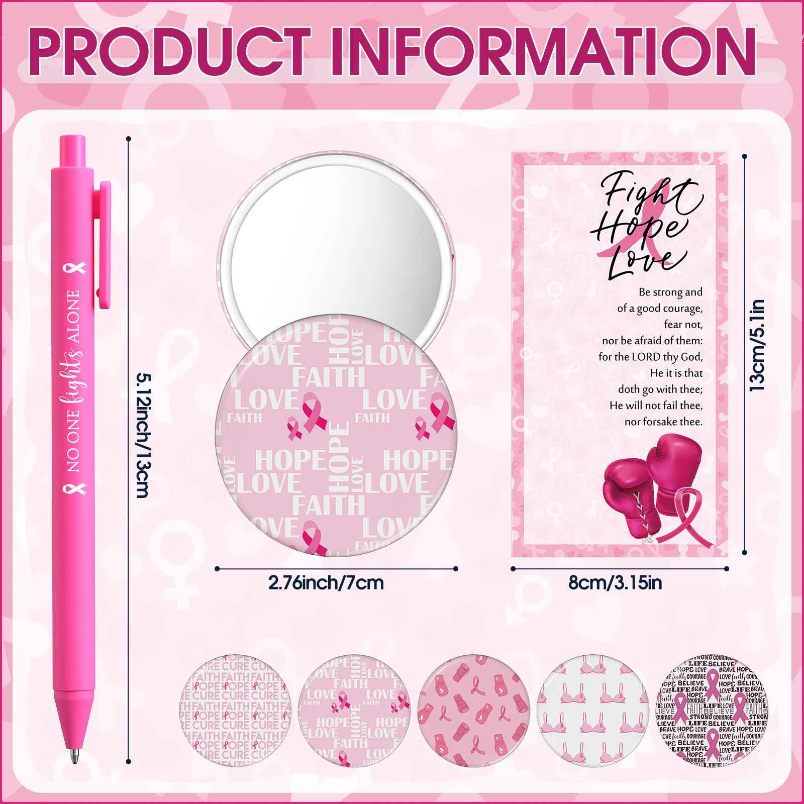 Pinkunn 100 Sets Breast Cancer Awareness Accessories Bulk Breast Cancer Gift for Women Compact Mirrors with Pink Ribbon Boxing Glove Design, Ballpoint Pens, Motivational Cards Charity Party Favors