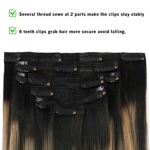 Lovrio Yaki Clip in Hair Extensions Human Hair Root Natural Black #1B to Caramel Blonde #27 Yaki Straight Clip ins Human Hair Double Weft Light Yaki Clip ins Full Head 14inch 7 Pcs With 17 Clips 120G