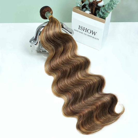 ISHOW Raw Human Hair Bundles, 100% Unprocessed Virgin Human Hair, 15A Body Wave Premium Quality Bundles Producer, 18 Inch Single Bundle, Long Lasting, Ombre Honey Blonde Color P4/27