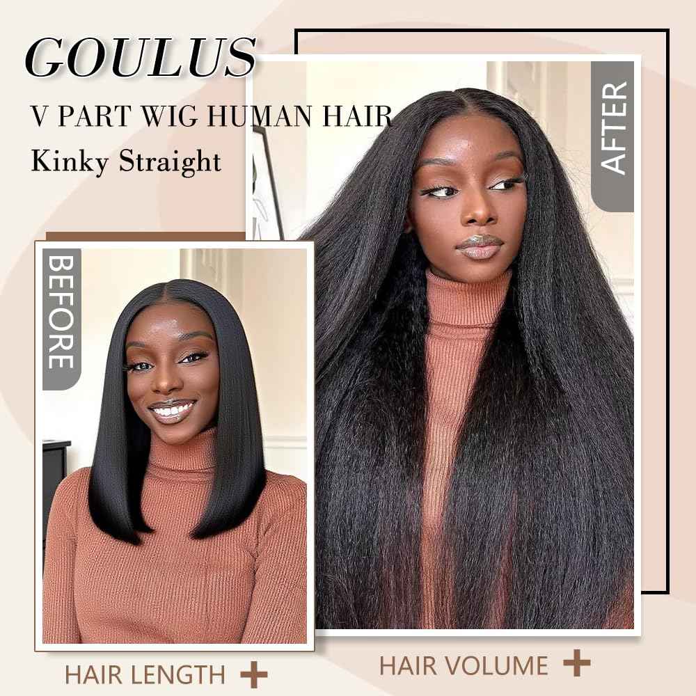 Goulus Kinky Straight V Part Wig Human Hair 14 Inch V Part Wig For Women with Drawstring 180% Density Upgrade Glueless U Part Wig No Leave Out No Sew In Kinky Straight Human Hair Wigs Natural Black