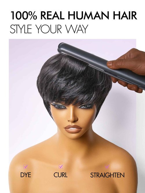 LUVME HAIR Ultra Comfort Throw On & Go Short Pixie Cut with Bangs 5 Inches Skin Friendly Cotton Cap 100% Real Human Hair Glueless Wig Glueless Wig Hair Loss Friendly Full Machine Made 22.5 Wig Cap