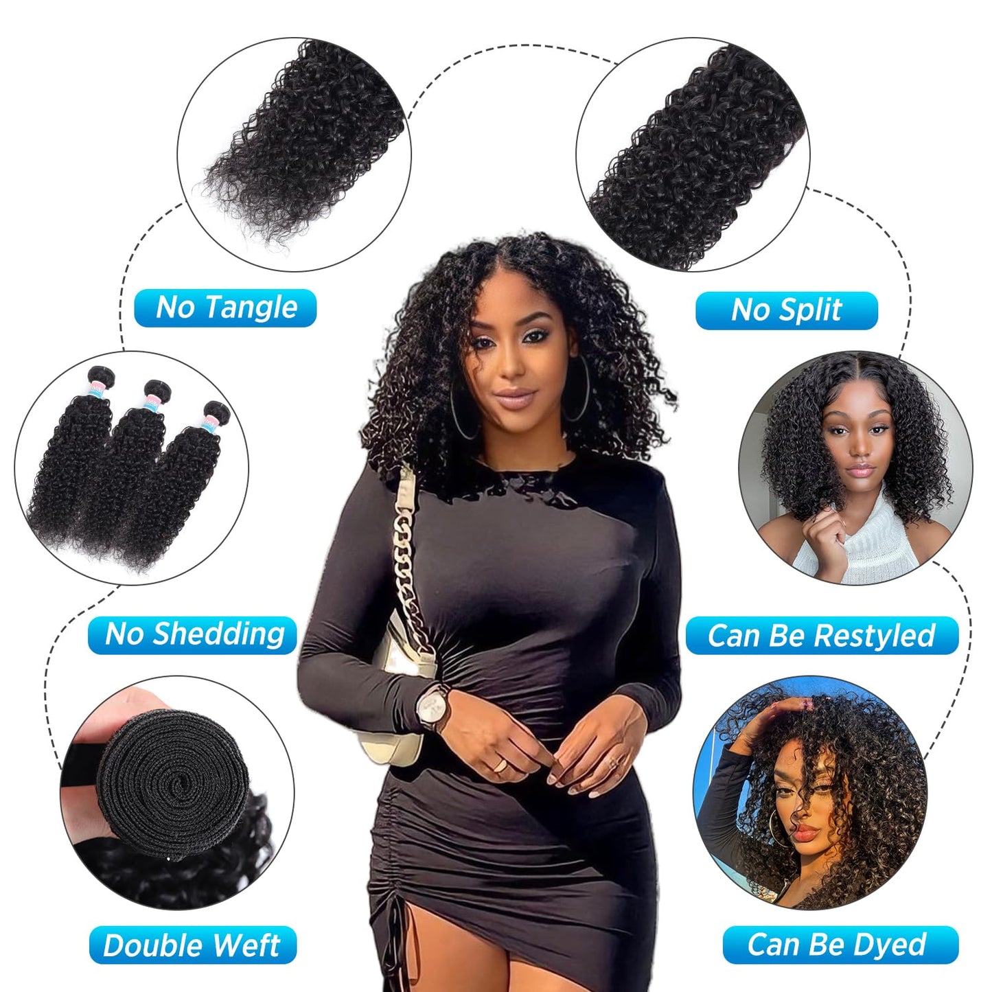 Kinky Curly Human Hair Bundles Water Wave Kinkycurly Hair Weft - Soft Natural Black Hair Weave 3 Bundles 300g 16 18 20 Inches