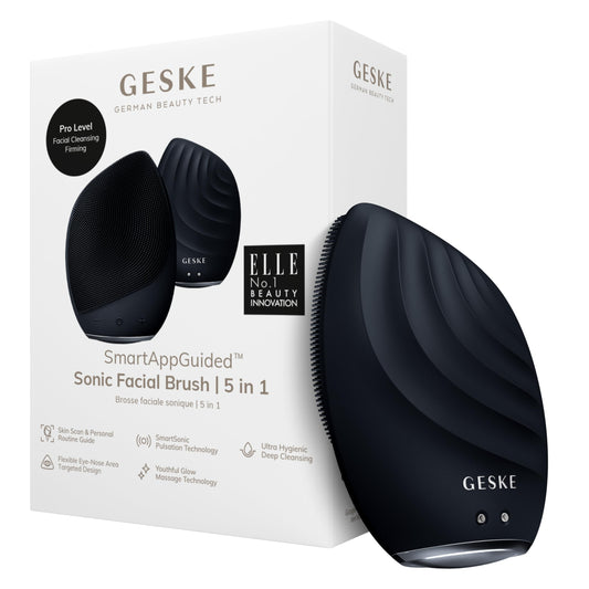 GESKE SmartAppGuided Sonic Facial Brush 5 in 1 | Vibrating Electric Cleansing Brush | Soft Silicone | Professional Cleanser | Skin Exfoliator | Face Massager