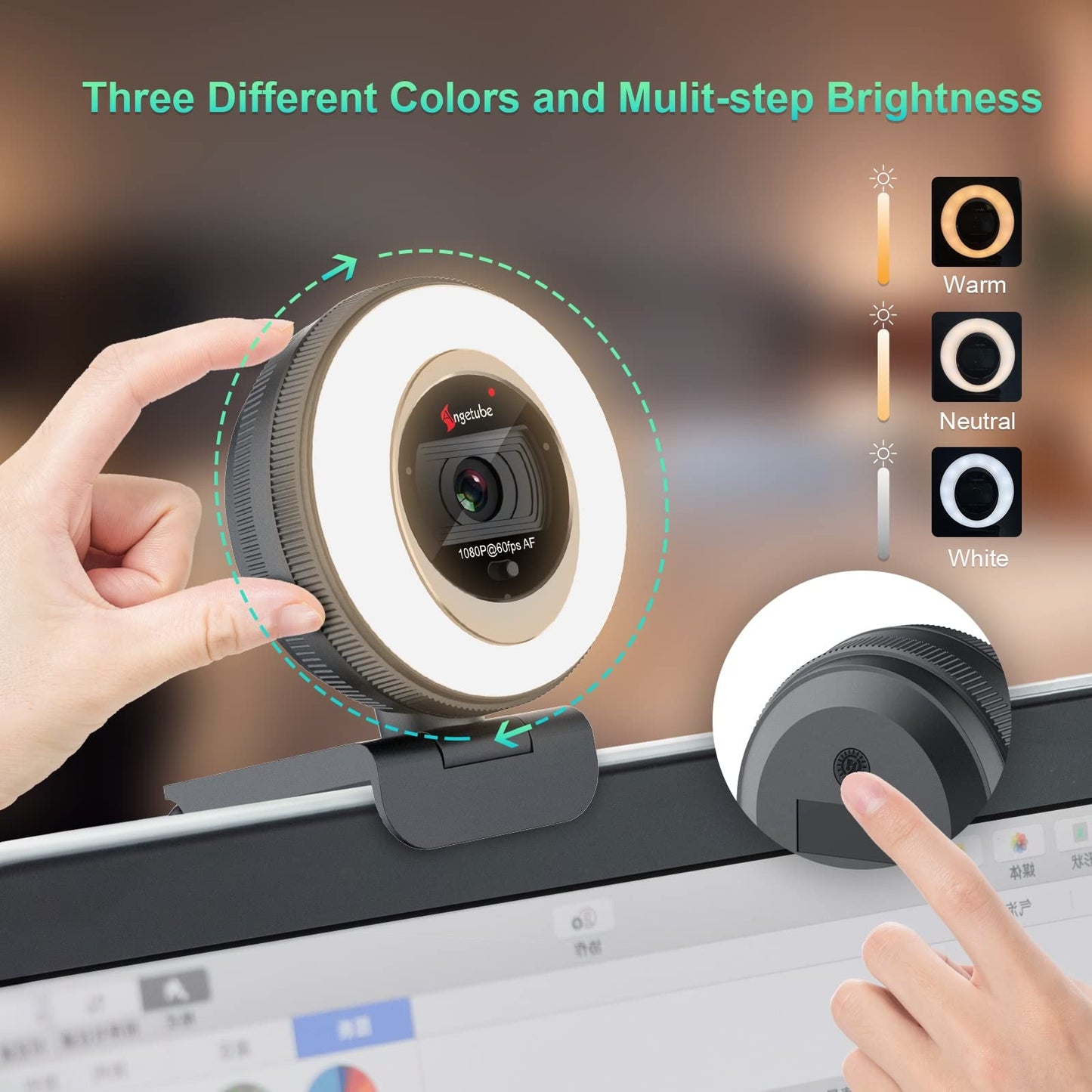 Angetube 1080P 60FPS Webcam, Streaming Webcam with Ring Light Web Camera with Microphone 5X Digital Zoom Remote Control Include, Built-in Privacy Cover for PC, Computer, Loptop, Mac, Windows 11
