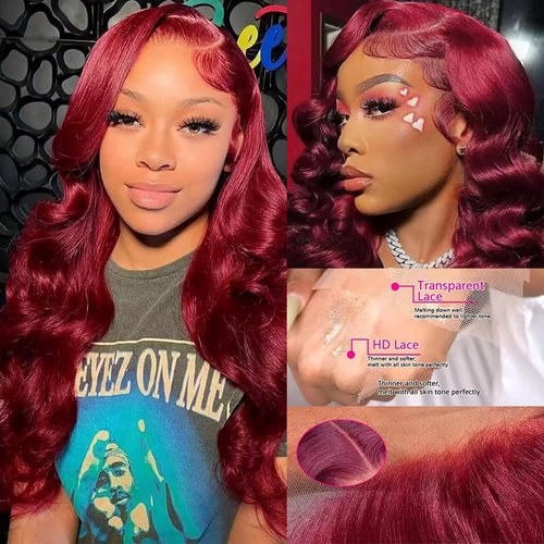 Body Wave 99J Burgundy Lace Front Wigs Human Hair Wine Red Burgundy 13x4 HD Transparent Lace Frontal Wig 28 Inch Virgin Hair Pre Plucked with Baby Hair 150% Density Glueless Wigs Human Hair for Women