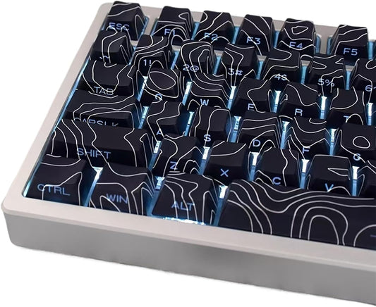 131 Keys Black Topographic Keycaps Cherry Profile Side Print Keycaps Set Fit for 60% 65% 75% 95% Cherry Mx Switches Mechanical Keyboard