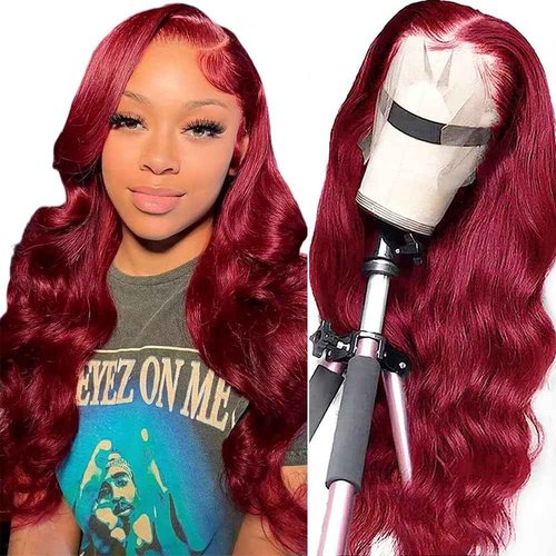 Burgundy Lace Front Wig - 180% Density, 13x4, Body Wave, Baby Hair - 24 Inch Human Hair HD Lace Wig Pre Plucked
