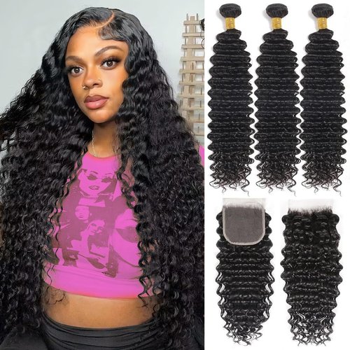 Releek Deep Wave Human Hair Bundles With 4X4 Lace Closure Free Part (10 12 14+10) Inch Human hair 3 Bundles with Closure 100% Unprocessed Wet and Wavy Blonde Deep Water Wave Human Hair Extensions