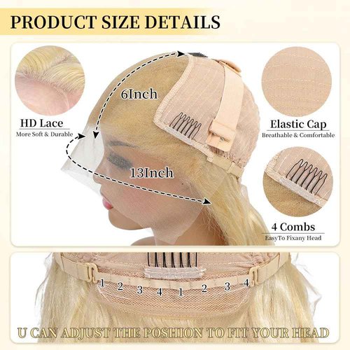 Femca 613 13x6 Lace Front Wig Human Hair 200 Density Blonde Wig Human Hair HD Lace Frontal Wig Pre Plucked 100% Real Human Hair Easily Stained 24 Inch