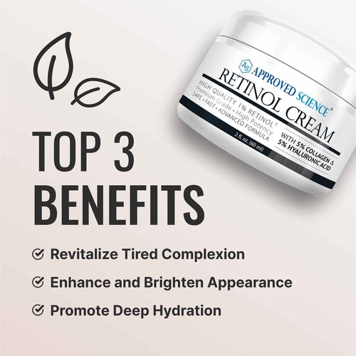 Approved Science Retinol Cream with 1% Retinol, 5% Collagen, and 5% Hyaluronic Acid - Revitalize, Brighten, Firm, and Plump Skin - 2 fl. oz. (60 ml)