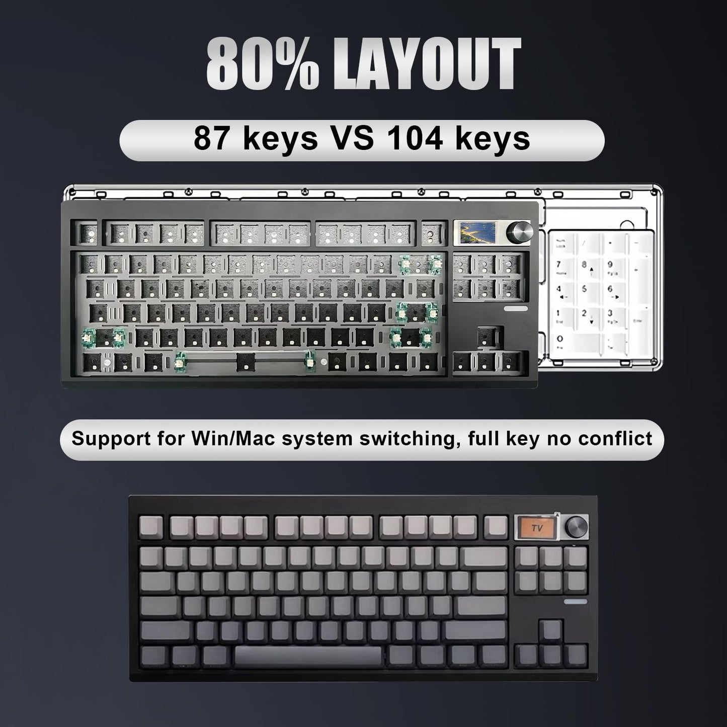 ZMX GMK87 Keyboard Barebones Kit,Gasket Mount Hot Swap PCB Triple Mode BT5.0/2.4G/Type-C Wireless Mechanical Keyboard with Knob VIA-Programmable Custom TFT-Screen RGB DIY Kit(Black)