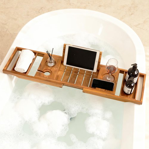 Boflay Expandable Teak Bathtub Tray - Luxury Wooden Bath Caddy & Tub Shelf, Over-The-Tub Bath Table with Book & Wine Glass Holder, Waterproof Bathroom Organizer for Spa Experience