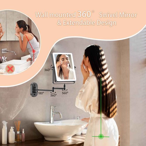 FASCINATE 5000mAh Rechargeable Wall Mounted Makeup Mirror, 8.7" Double Sided Touch Switch 1X 30X Rectangle Magnifying Mirror with Light, 3 Color Setting, Extended Arm 360° Swivel Foldable Black