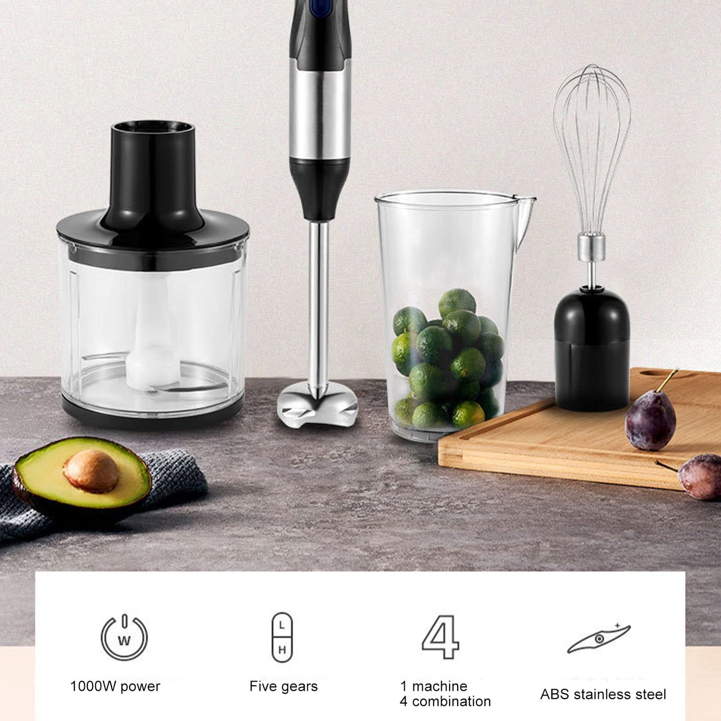 4 In 1 Multifunctional Hand Blender, Immersion Hand Blender, Stainless Steel Food Processor 700ml Mixing Cup 500ml Meat Grinding Bowl US Plug 110V