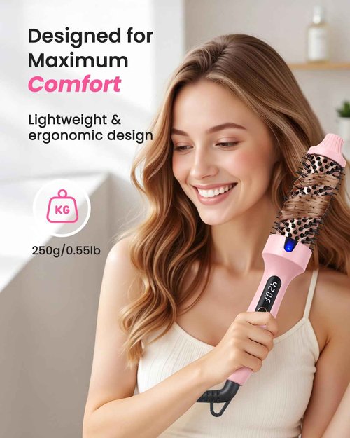 Thermal Brush for Blowout – 1.5 Inch Heated Round Brush with Negative Ions, Dual Voltage, Dual PTC, 6 Heat Settings, Salon Smooth Hair, Less Frizz, Travel-Friendly, Pink