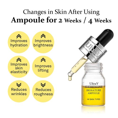 Ultra V Idebenone Signature Ampoule - Anti Aging Antioxidant Serum – Peptides, Niacinamide, Hyaluronic Acid – Anti Wrinkle, Smoothes, Softens Skin - 0.27 fl.oz 4 Packs 12,000ppm