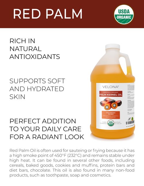 velona USDA Certified Organic Red Palm Oil 1 Gallon / 128 Fl Oz | Food and Cosmetic Grade | in jar | Extra Virgin, Cold Pressed | Skin, Face, Body, Hair Care | Use Today - Enjoy Results
