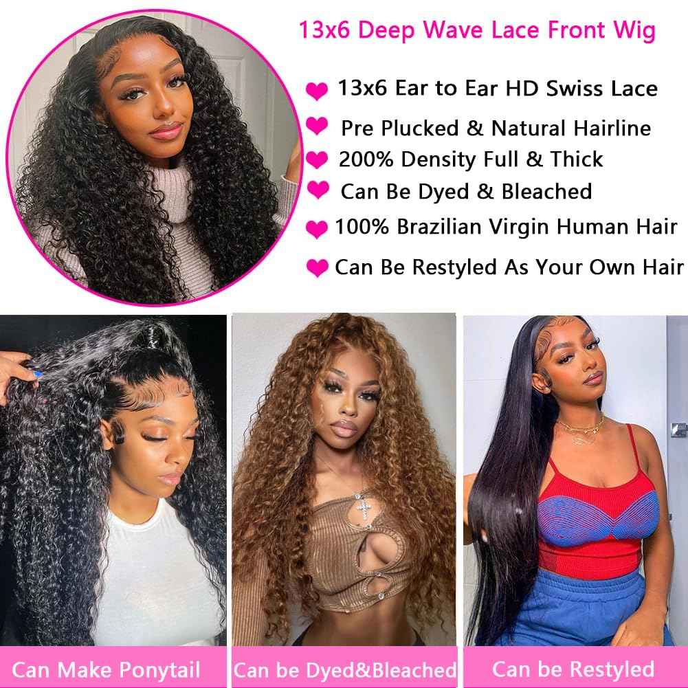 22 Inch Deep Wave Lace Front Wigs Human Hair Pre Plucked 13x6 HD Lace Front Curly Wigs Human Hair 200% Density Glueless Frontal Wigs Human Hair with Baby Hair Curly Wigs for Women Natural Black