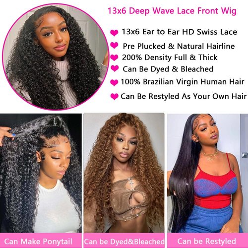 20 Inch Deep Wave Lace Front Wigs Human Hair Pre Plucked 13x6 HD Lace Front Curly Wigs Human Hair 200% Density Glueless Frontal Wigs Human Hair with Baby Hair Curly Wigs for Women Natural Black