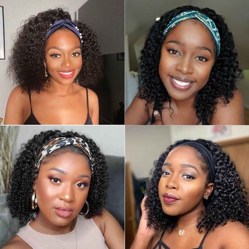 Feelgrace Short Headband Wigs Human Hair Water Wave Wig for Women, Glueless Curly Weave Wigs 100% Unprocessed Hair None Lace Front Wigs 150% Density Brazilian Hair Natural Black Headband Wig 14 Inch
