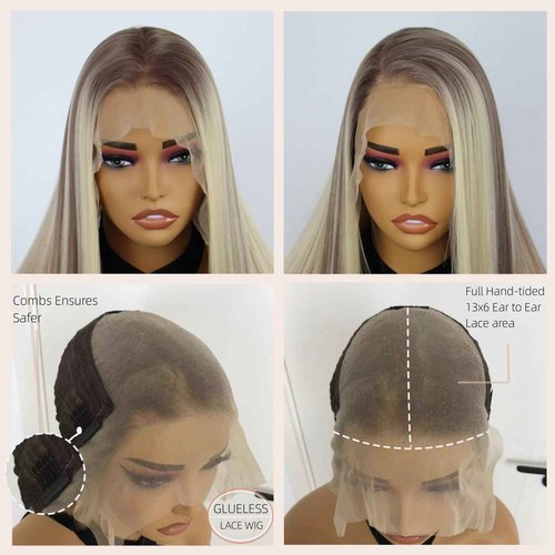 mytonecoo 13x6 Lace Front Wig Synthetic Hair Highlight Blonde Balayage Long Straight Synthetic Lace Front Wig with Preplucked Hairline for Women 24inch Daily Wig