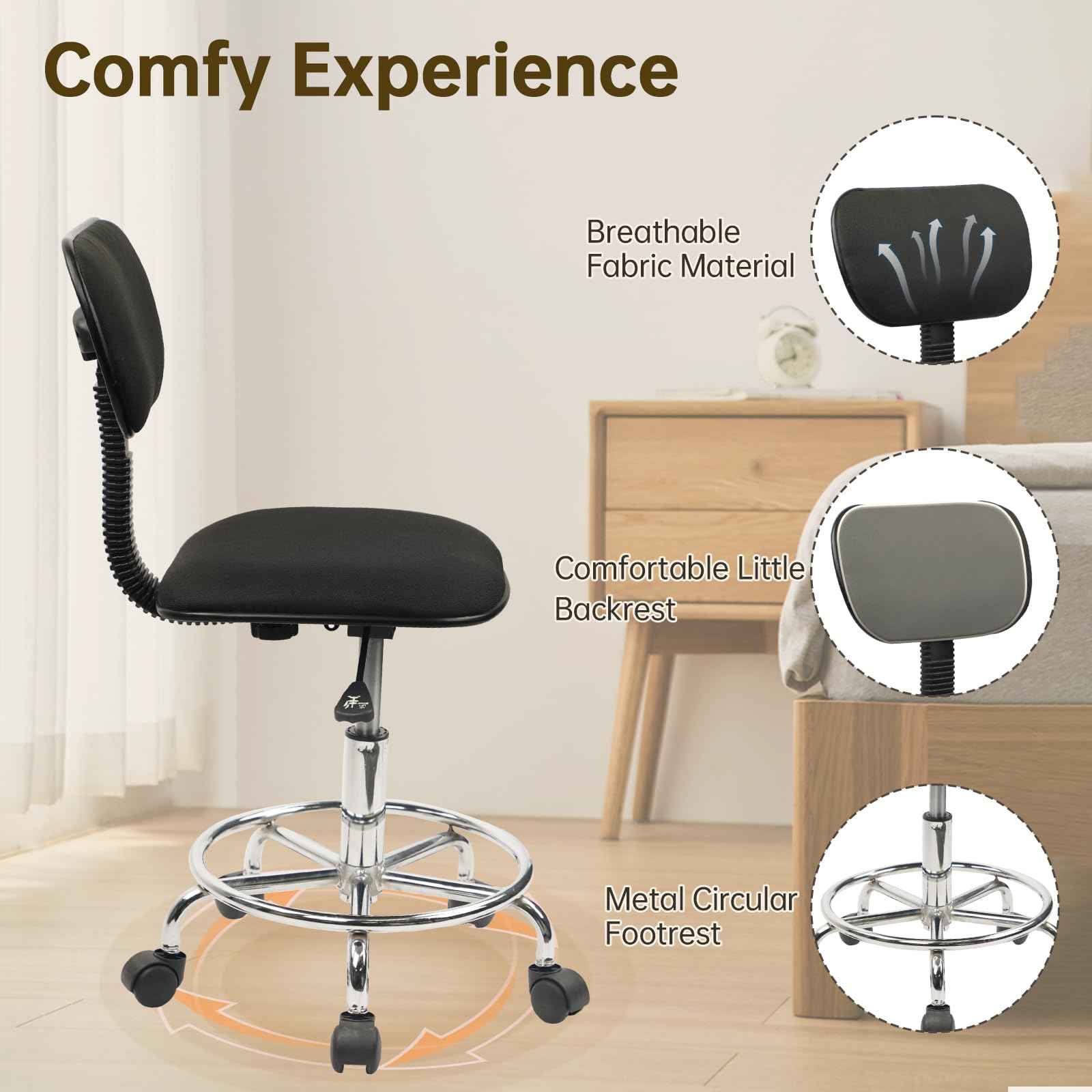 KLASIKA Low Wide Rolling Swivel Stool with Backrest, Adjustable Height Salon Chair Stools with Footrest for Spa Tattoo Office Desk Massage Task Lash Barber Facial, Black 1PK