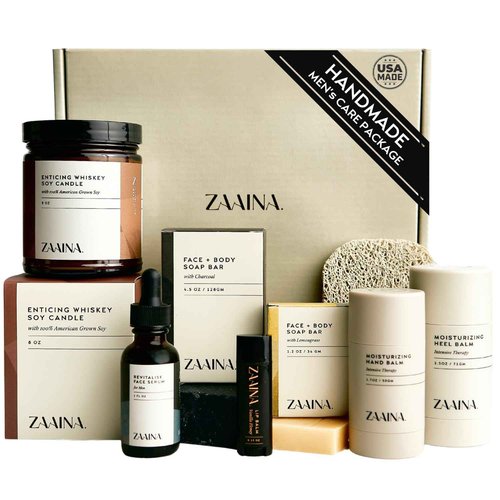 ZAAINA Men’s Self Care Package, Relaxation Spa Gift Set for Him - Luxury Natural Handmade Grooming Kit for Husband Dad Friend, Birthday & Christmas Gifts for Men (Premium Set with Whiskey Candle)