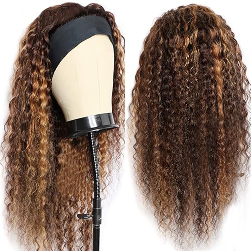XSY Ombre Headband Wig Human Hair Honey Blonde Wig 4/27 Highglight Wig Headband Wig 100% Human Hair Wigs Deep Wave Headband Wig Curly Wig Colored Wigs 22 Inch