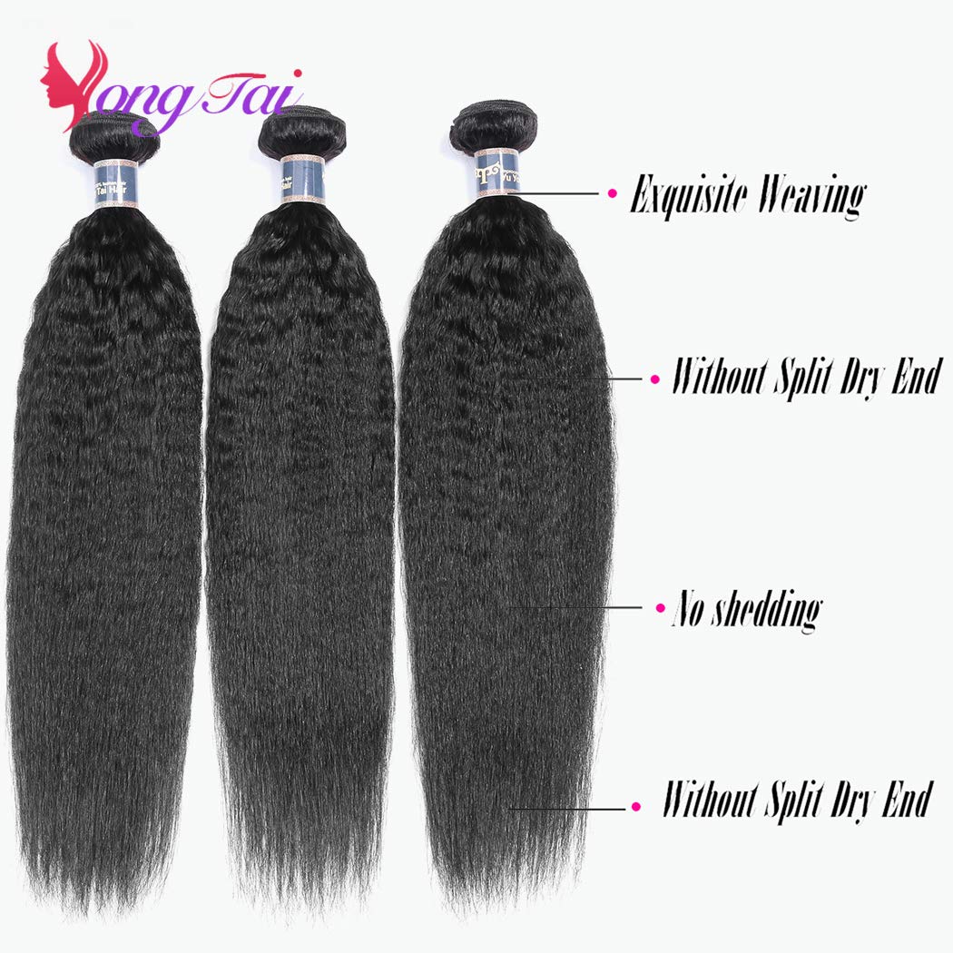 Kinky Straight Hair 3 Bundles 14 16 18 Inch 100% Unprocessed Brazilian Yaki Straight Bundles Human Hair Weave Extensions 1B Color Kinky Straight Human Hair for Women