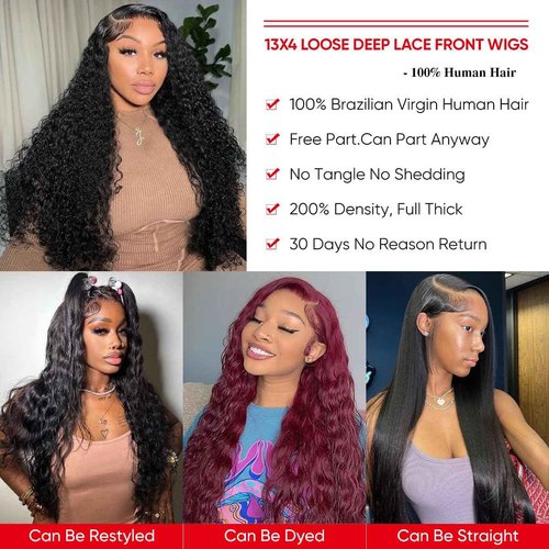CrownGlory Loose Deep Wave Lace Front Wigs Human Hair Pre Plucked 13X4 Transparent Loose Wave Wig with Baby Hair for Women(Natural Color, 34 Inch)