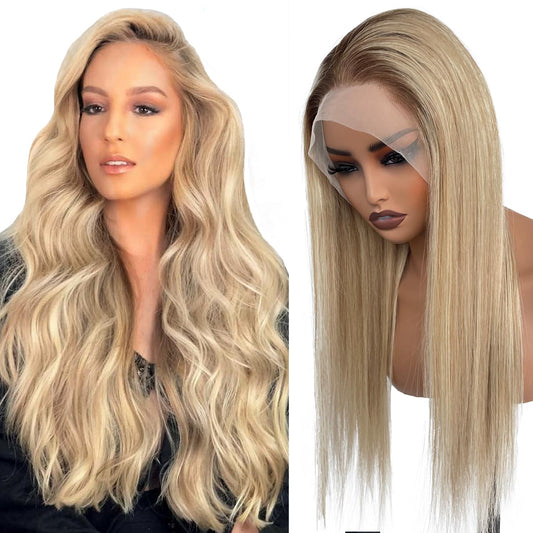 13x6 Lace Front Wigs Human Hair Brown Roots to Golden Blonde Balayage Blonde Highlights Wig Human Hair 18 Inch Glueless Lace Front Wigs Human Hair Pre Plucked Straight Colored Wigs for White Women