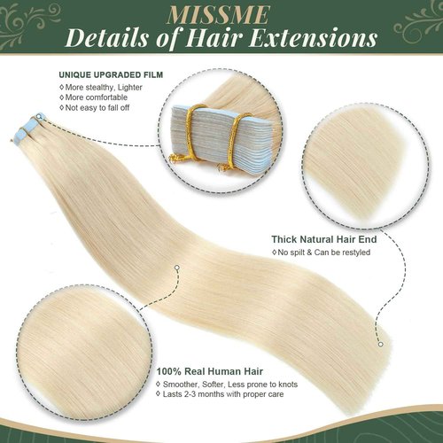 Missme Tape in Hair Extensions Human Hair 18 inch 20 Pcs 50g #60 Platinum Blonde Tape ins Human Hair Extensions Remy Hair Skin Weft Seamless Invisible Silky Straight Thick Ends Add Length