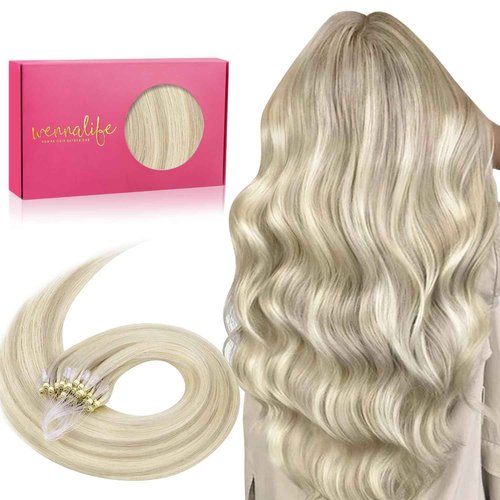 WENNALIFE Microlink Hair Extensions Human Hair, 50g 50s 22 Inch Ash Blonde Highlighted Platinum Blonde Remy Micro Bead Hair Extensions Real Human Hair Micro Loop Micro Ring Hair Straight Microlinks