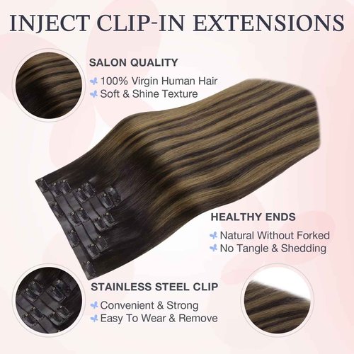 DOORES Hair Extensions Real Human Clip in 20 inch 150g 7pcs Invisi Edge, Seamless Clip in Hair Extensions Invisible Clipins Virgin Injected Skin Weft, 2/6/2 Dark Brown to Chestnut Brown
